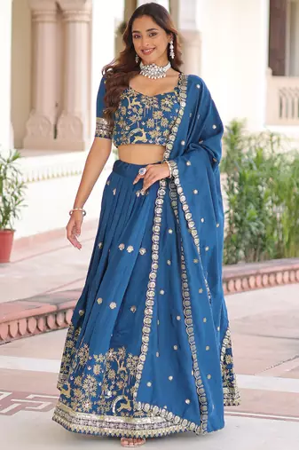 Attractive Teal Blue Thread Embroidered Silk Wedding Lehenga Choli
