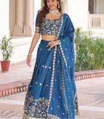 Attractive Teal Blue Thread Embroidered Silk Wedding Lehenga Choli