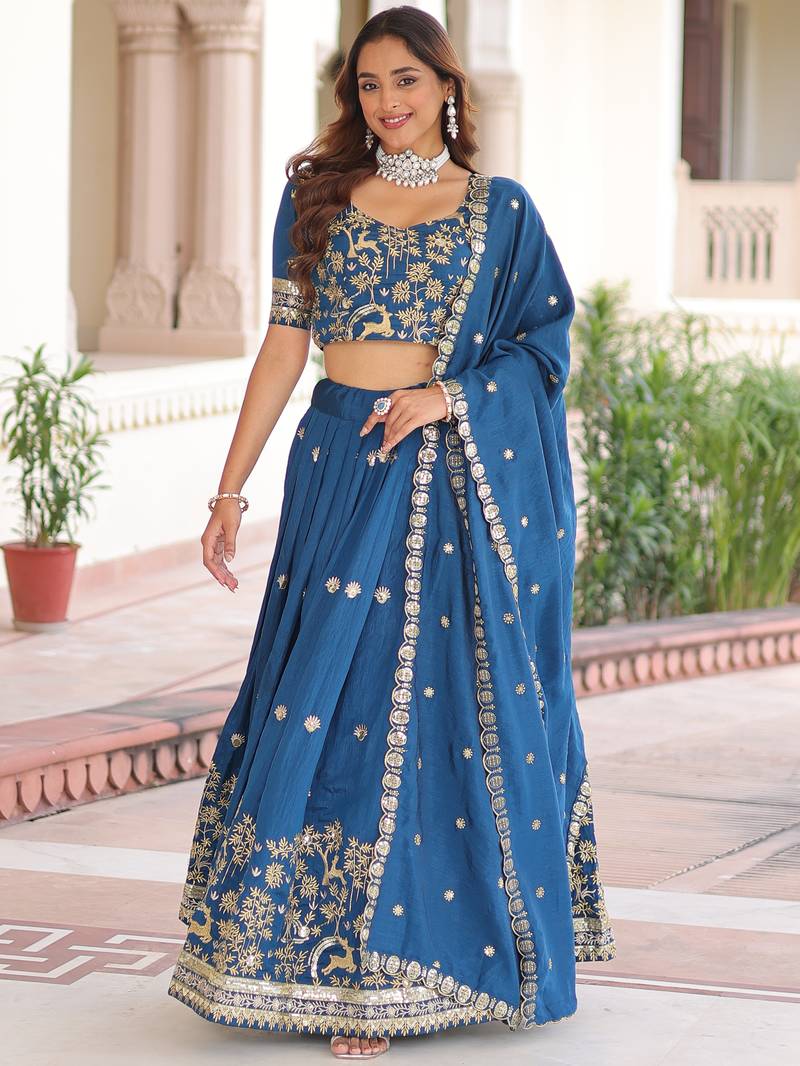 Attractive Teal Blue Thread Embroidered Silk Wedding Lehenga Choli