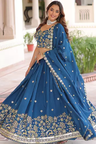 Attractive Teal Blue Thread Embroidered Silk Wedding Lehenga Choli