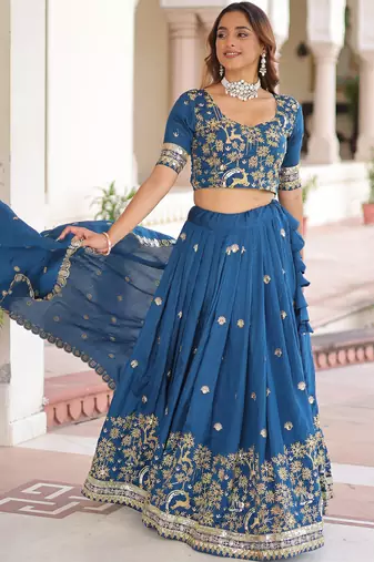 Attractive Teal Blue Thread Embroidered Silk Wedding Lehenga Choli