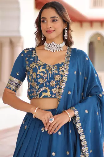 Attractive Teal Blue Thread Embroidered Silk Wedding Lehenga Choli