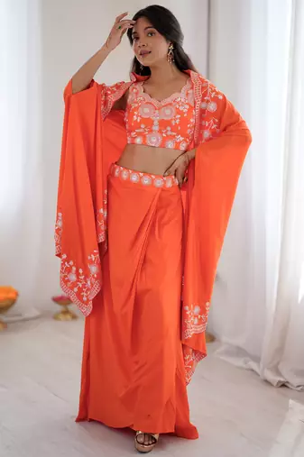 Beautiful Orange Crepe Designer Lehenga Choli With Sequins Shrug