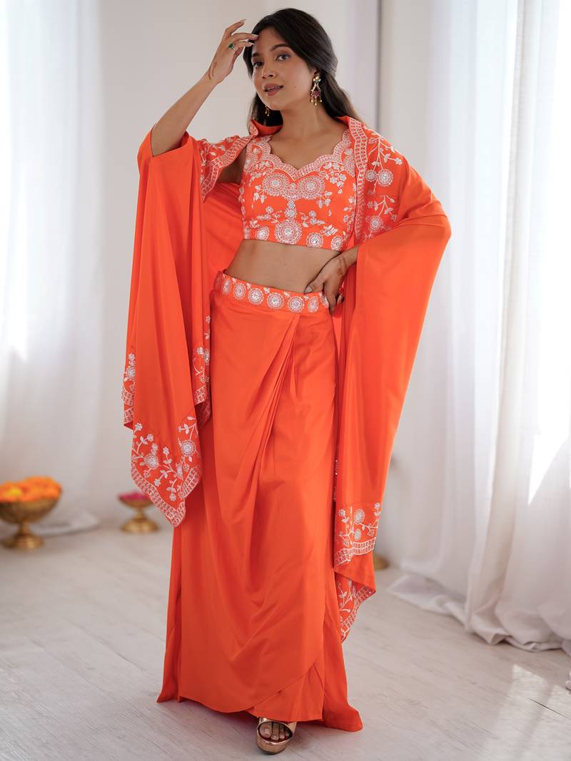 Beautiful Orange Crepe Designer Lehenga Choli With Sequins Shrug