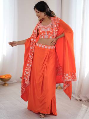 Beautiful Orange Crepe Designer Lehenga Choli With Sequins Shrug 3
