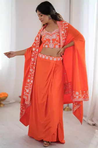 Beautiful Orange Crepe Designer Lehenga Choli With Sequins Shrug