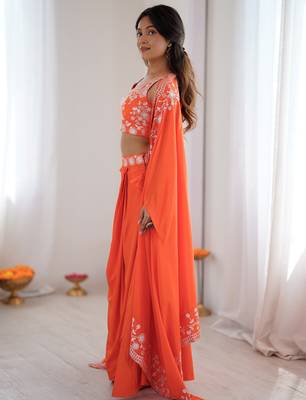 Beautiful Orange Crepe Designer Lehenga Choli With Sequins Shrug 4