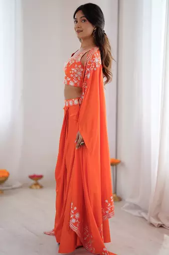 Beautiful Orange Crepe Designer Lehenga Choli With Sequins Shrug
