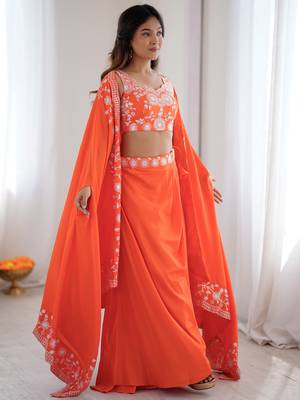 Beautiful Orange Crepe Designer Lehenga Choli With Sequins Shrug 5