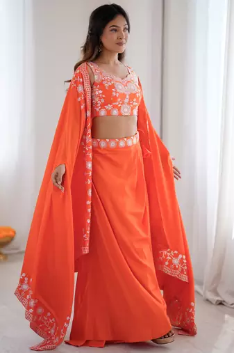 Beautiful Orange Crepe Designer Lehenga Choli With Sequins Shrug