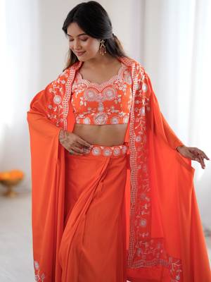Beautiful Orange Crepe Designer Lehenga Choli With Sequins Shrug 7
