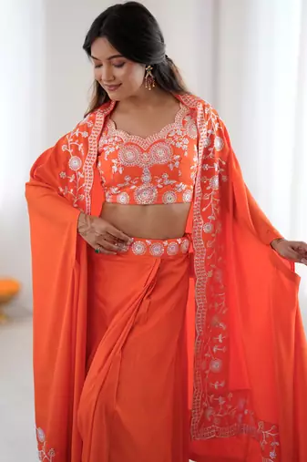 Beautiful Orange Crepe Designer Lehenga Choli With Sequins Shrug