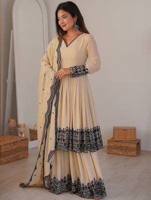 Attractive White Thread Work Georgette Festival Wear Palazzo Suit 1