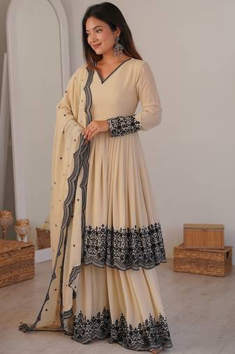 Attractive White Thread Work Georgette Festival Wear Palazzo Suit