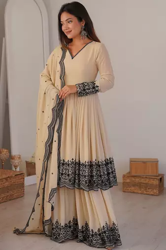 Attractive White Thread Work Georgette Festival Wear Palazzo Suit