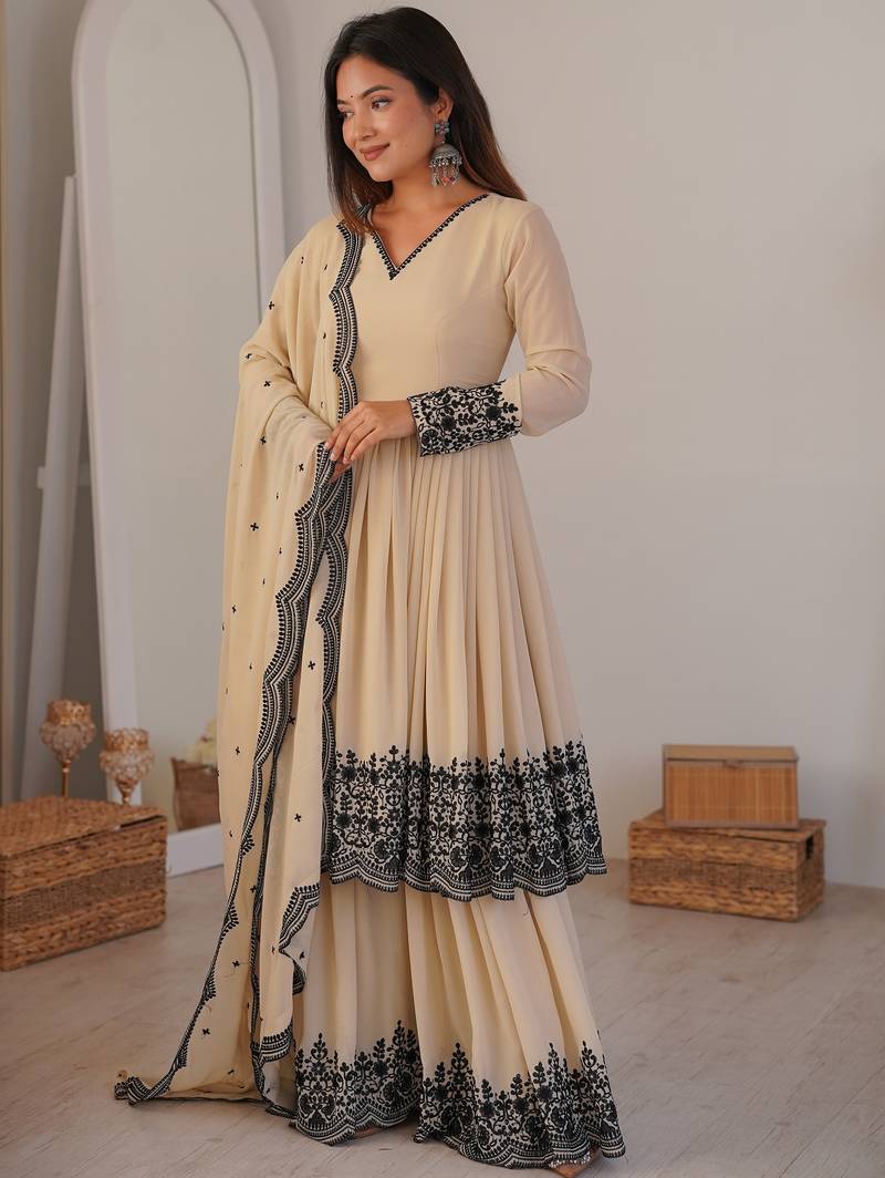 Attractive White Thread Work Georgette Festival Wear Palazzo Suit