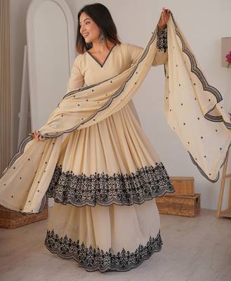 Attractive White Thread Work Georgette Festival Wear Palazzo Suit 3