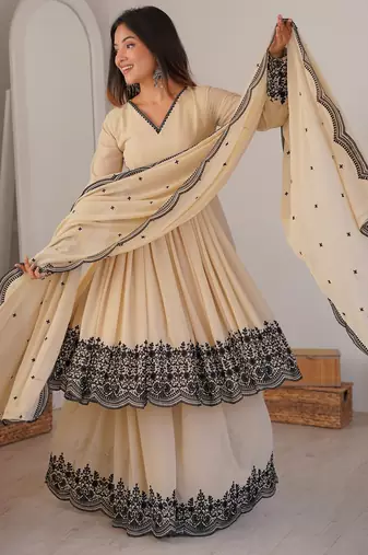 Attractive White Thread Work Georgette Festival Wear Palazzo Suit