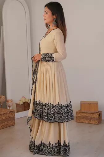 Attractive White Thread Work Georgette Festival Wear Palazzo Suit