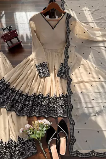 Attractive White Thread Work Georgette Festival Wear Palazzo Suit
