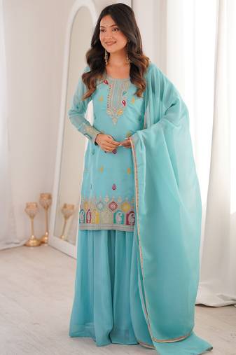 Gorgeous Sky Blue Zari Embroidered Silk Festival Wear Sharara Suit