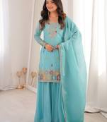 Gorgeous Sky Blue Zari Embroidered Silk Festival Wear Sharara Suit