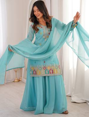 Gorgeous Sky Blue Zari Embroidered Silk Festival Wear Sharara Suit 3