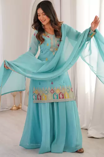 Gorgeous Sky Blue Zari Embroidered Silk Festival Wear Sharara Suit