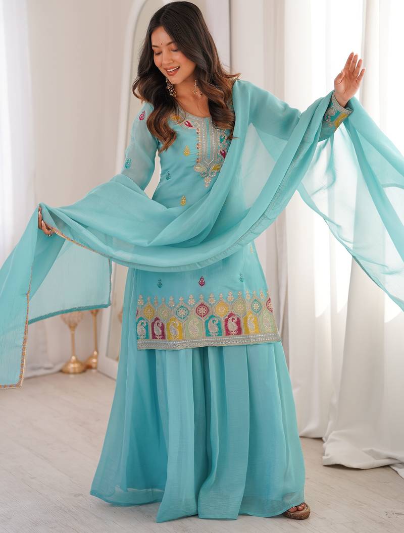 Gorgeous Sky Blue Zari Embroidered Silk Festival Wear Sharara Suit
