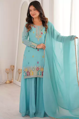 Gorgeous Sky Blue Zari Embroidered Silk Festival Wear Sharara Suit