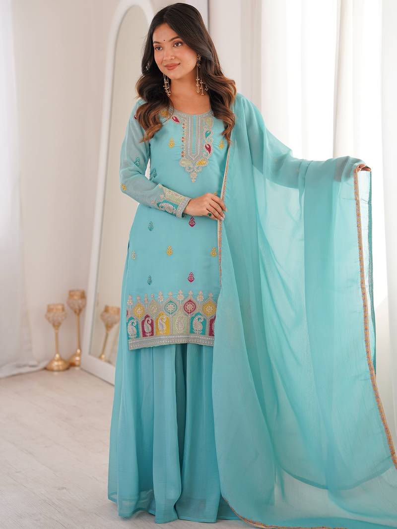 Gorgeous Sky Blue Zari Embroidered Silk Festival Wear Sharara Suit