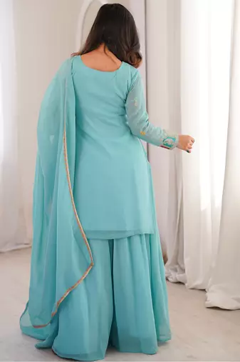 Gorgeous Sky Blue Zari Embroidered Silk Festival Wear Sharara Suit