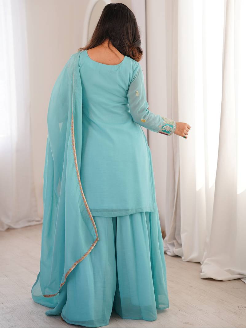 Gorgeous Sky Blue Zari Embroidered Silk Festival Wear Sharara Suit