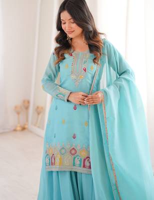 Gorgeous Sky Blue Zari Embroidered Silk Festival Wear Sharara Suit 6