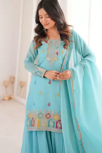 Gorgeous Sky Blue Zari Embroidered Silk Festival Wear Sharara Suit