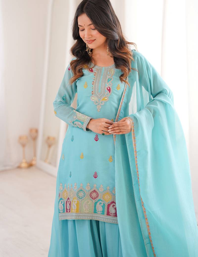 Gorgeous Sky Blue Zari Embroidered Silk Festival Wear Sharara Suit