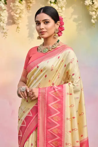 cream soft silk blend saree for women  elegant & party wear saree