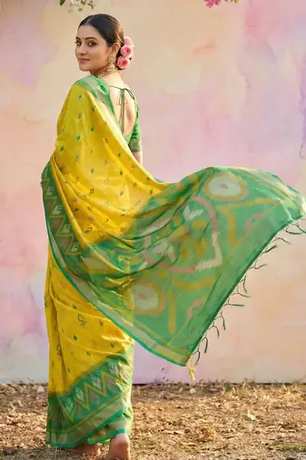 yellow soft silk blend saree for women  elegant & party wear saree