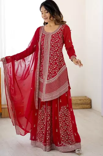 Red premium faux georgette embroidered top palazzo set with dupatta – festive & party wear suit