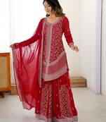 Red premium faux georgette embroidered top palazzo set with dupatta – festive & party wear suit