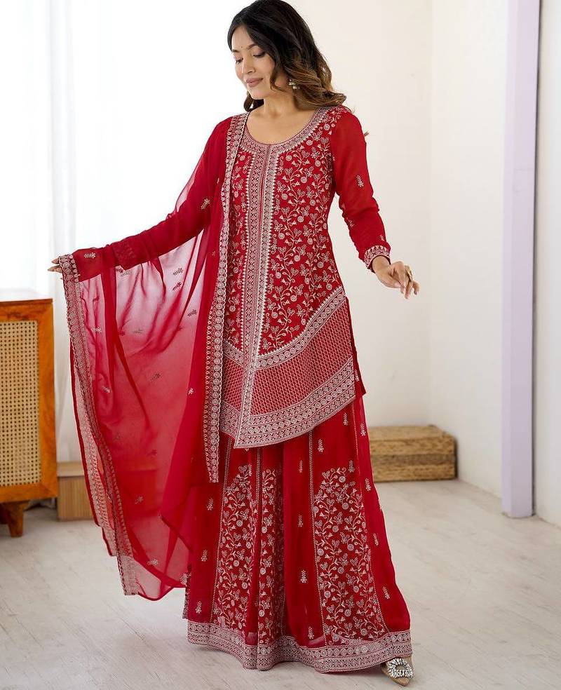 Red premium faux georgette embroidered top palazzo set with dupatta – festive & party wear suit
