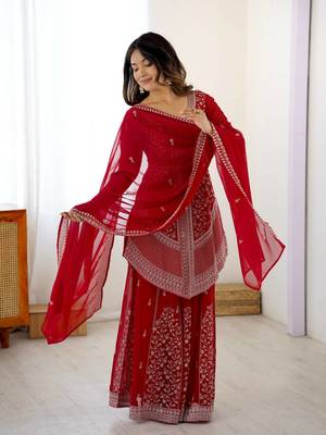 Red  faux georgette embroidered top palazzo set with dupatta festive & party wear suit 2