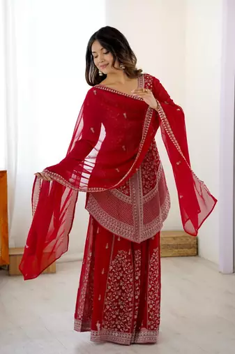 Red premium faux georgette embroidered top palazzo set with dupatta festive & party wear suit