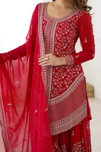 Red premium faux georgette embroidered top palazzo set with dupatta festive & party wear suit