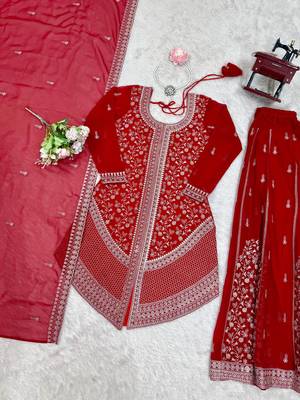 Red  faux georgette embroidered top palazzo set with dupatta festive & party wear suit 4