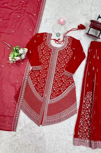 Red premium faux georgette embroidered top palazzo set with dupatta festive & party wear suit