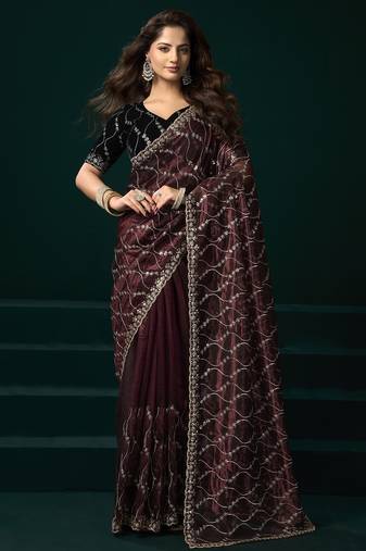 Wine thread work net party wear saree with velvet blouse
