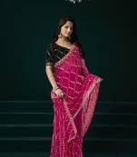 Pink thread work net party wear saree with velvet blouse