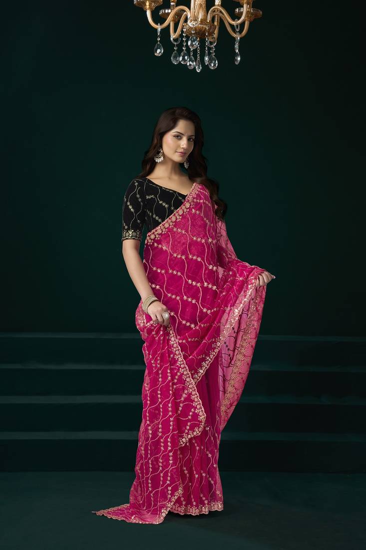 Pink thread work net party wear saree with velvet blouse