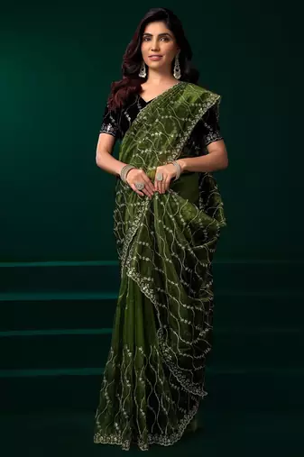 Green thread work net party wear saree with velvet blouse